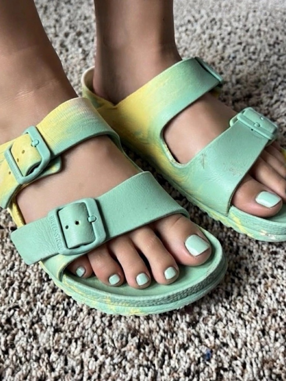 Birkenstock Arizona EVA Two-Strap Sandals Yellow Green Tie-Dye Women's Size 9